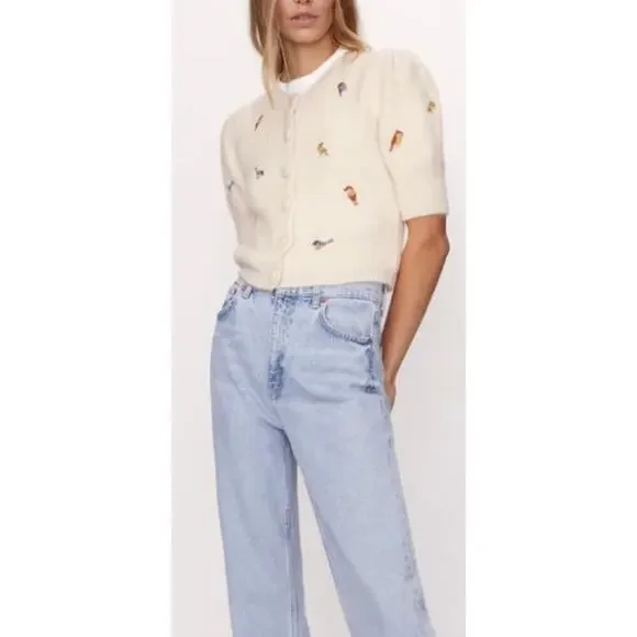 ZARA Novelty Bird Embroidered Short Sleeve Cardigan Cream Size L Preppy - Picture 1 of 10